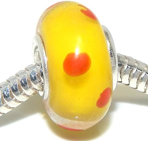925 Sterling Silver "Yellow Background with Orange Polka Dots" Glass Charm Bead