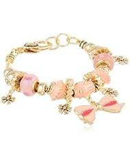 Pink Bow Theme Gold Tone Charm Bracelet, 7.5"