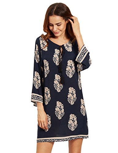 Floerns Women's Bohemian Neck Tie Floral Print Ethnic Style Shift Dress Black XL
