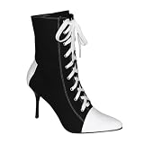 REFEREE-120, Women's Black and White Canvas Lace-up Ankle Boots in Sizes 6-12 Perfect for Halloween