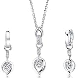 Cherished Chic: Sterling Silver Heart Pendant Necklace Earrings Set with CZ Diamonds Free Shipping