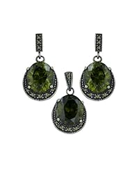 Oval Olivine Stone Surrounded by Pave Marcasite Earrings and Pendant Set