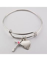 Large Bangle Bracelet with Rose Birthstone Cross & Engravable Heart