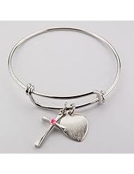 Small Bangle Bracelet with Rose Birthstone Cross & Engravable Heart