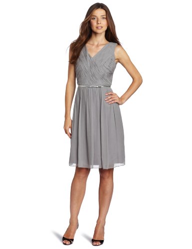 Donna Morgan Women's Carrie Full Coverage Belted Chiffon Dress, Sterling, 10