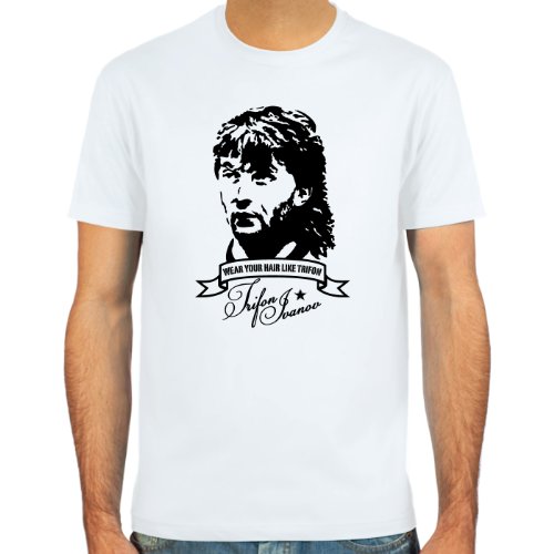 T-Shirt Trifon “Vokuhila” Ivanov ::: Farbauswahl: skyblue, sand, weiß oder deepred ::: Größen: S-XL ::: Fußball-Kult