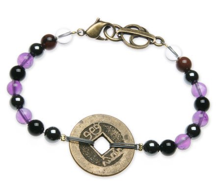 Amethyst, Hematite and Onyx “Transformation” Bracelet with Coin – 7 1/2″