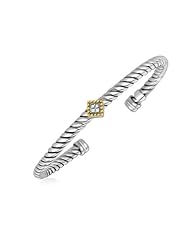 18K Yellow Gold and Sterling Silver Diamond Stationed Italian Cable Open Bangle