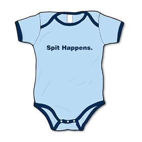 Click here to buy Spit Happens - Ringer Tee Silly Baby Onesie, Blue by La Retro Baby.