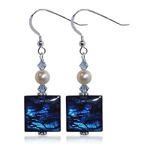 SCER185 Square Abalone Swarovski Crystal Sterling Silver French Wire 1.5" Long Dangle Earrings