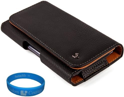Black Textured Faux Leather Executive Horizontal Holster Case w/ Fixed Belt Clip (SAM061) for LG Spirit 4G Android Smart Phone + SumacLife Wisdom Courage Wristband