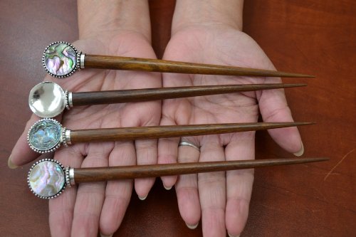 4 Pcs Assort Handmade Abalone Shell Wood Hair Stick Pin