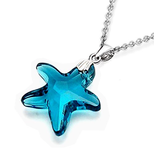 CandyGem 925 Sterling Silver Genuine .75 inch Blue Sapphire Color Crystal Starfish Pendant by Swarovski Elements with free 18 inch Sterling Silver Chain. Free Gift Box.