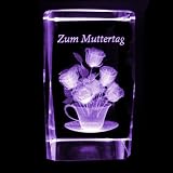 3D Laser Kristall Glasblock mit LED Beleuchtung – Blumen mit Schriftzug ZUM MUTTERTAG