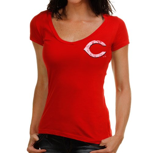 Majestic Threads Cincinnati Reds Ladies No Strikes Premium V-Neck T-Shirt - Red (Small)