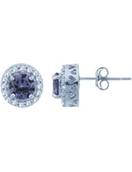 Sterling Silver Round Dark Blue Cubic Zirconia with Pave Border Stud Post Earrings