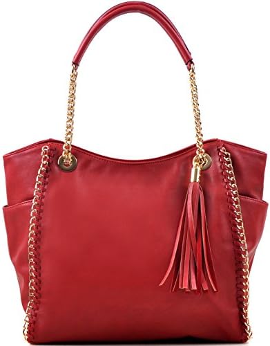 Dasein Faux Leather Chain Link Tote Satchel Shoulder Bag - Red