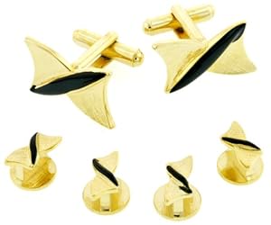 Unusual gold plated and black enamel cufflinks and shirt studs formal set with presentation box. Made in the USA