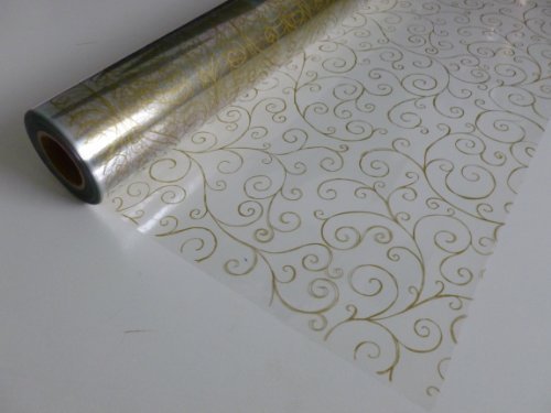 Gold Scroll Cellophane Wrap. 15m x 80cm. Florist Quality / Bouquet / Gift / B...