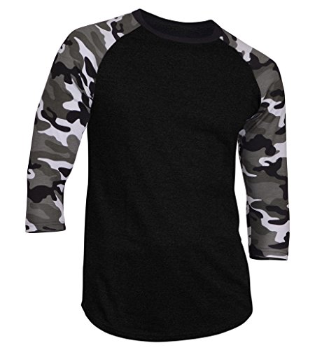 Dream USA Men's Casual 3/4 Sleeve Baseball Tshirt Raglan Jersey Shirt Black/Lt Camo Large