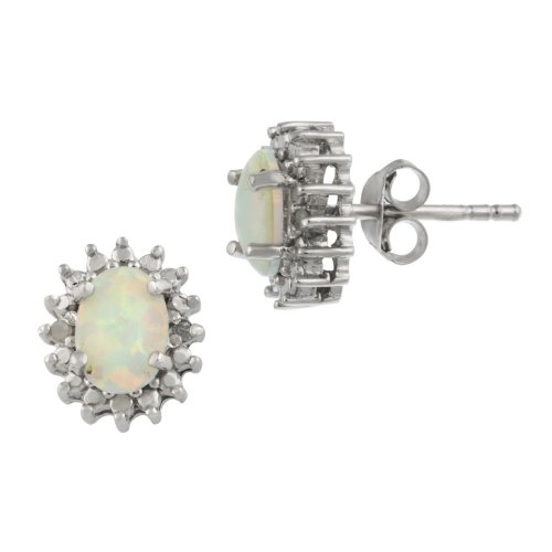 Sterling Silver Diamond-Accent Oval Created-Opal Button Post Earrings