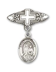 Sterling Silver Baby Badge with St. Raphael the Archangel Charm and Badge Pin with Cross