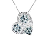 Blue and White Diamond 1 Carat Pave Set Heart Pendant in 14K White Gold