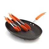 Rachael Ray 3 Piece 15.25 Inch Oval Grill Pan - Tongs Hard Anodized (Orange)