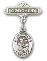 Sterling Silver Baby Badge with St. Anthony of Padua Charm and Godchild Badge Pin
