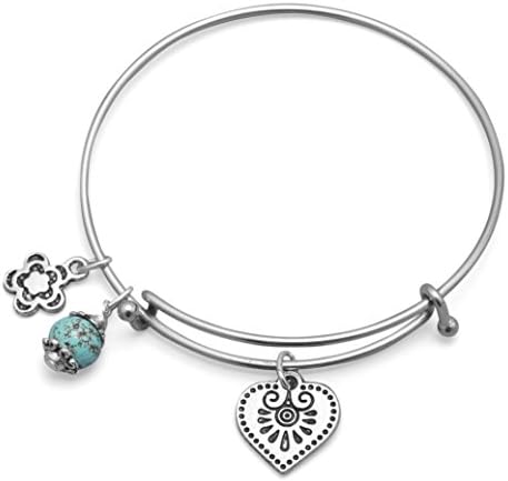 SilverStones Expandable Silver Tone Fashion Bangle Bracelet with Heart, Flower and Magnasite Charms