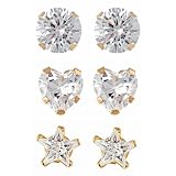10k Gold Round, Star and Heart-Shaped Cubic Zirconia Stud Earrings, Set of 3