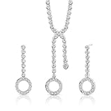 Brilliant Beauty: Sterling Silver Rhodium Finish Lariat Tennis Necklace Earrings Set with White Cubic Zirconia