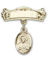 14K Gold Baby Badge with Scapular Charm and Arched Polished Badge Pin