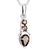 Pear & Round Cut Smoky Quartz Three Stone Pendant Necklace Sterling Silver