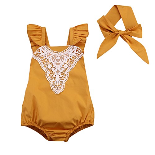 Baby Girls Lovely Ruffle Lace Collar Bodysuit with Headband (6M, Yellow)