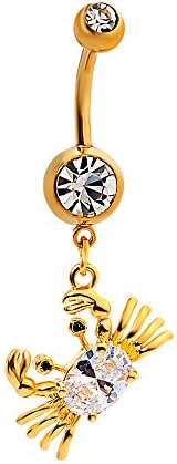 14g Belly Button Ring Surgical Steel Dangling Curved Barbell Crap Charm Navel Ring 18K Gold Plate