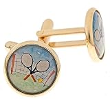 Gold plated cufflinks with an image of crossed tennis racquets with presentation box. Made in the U.S.A