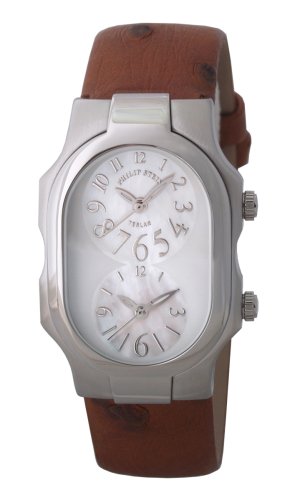 Philip Stein Teslar Womens Brown Ostrich Strap Mother of Pearl Dial Dual Time Watch 1-F-FSMOP-OT