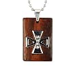 Stainless Steel Natural Redwood Cubic Zirconia Iron Cross Rectangular Pendant Necklace