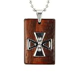 Stainless Steel Natural Redwood Cubic Zirconia Iron Cross Rectangular Pendant Necklace