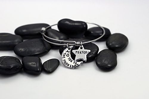 "I Love You To The Moon And Back" Hand Stamped Expandable Bangle Charm Bracelet Personalized With Names