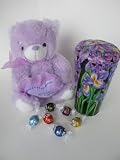 Mothers Day Gift COOKIE , FOOD CANISTER, Purple Tulip Tin with Lavender Teddy and 6 Assorted Lindt Balls