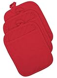 DII 100% Cotton, Machine Washable, Heat Resistant, Quilted Pocket Potholder for Cooking and Baking, 8 x 8", Set of 3, Tango Red