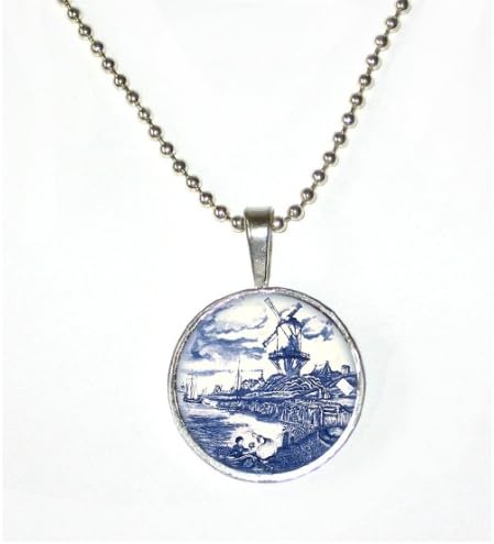 Delft Blue Collection - Blue Dutch Children and Waterway on Silver Plated Pendent with 24" Silver Plated Ball Chain