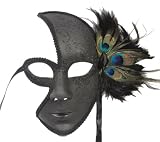 Female Venetian Mask with black Sparkles and Peacock Feathers