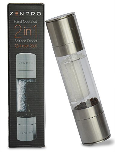 Salt and Pepper Grinder Set by ZENPRO - 2 in 1 Stainless Steel, Adjustable Grinder, Secure Lids