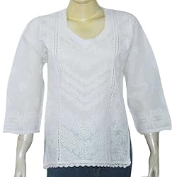 White Cotton Top Long Sleeve Hand Embroidered Dress Size M