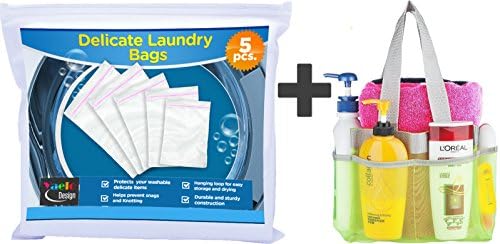 YaeloDesign Laundry Bag Set Made With 55g Quality Polyester Mesh With Zipper + College Dorm Shower Caddy Green Color - Mesh Shower Caddy
