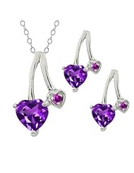 1.56 Ct Heart Shape Purple Amethyst 14k White Gold Pendant Earrings Set