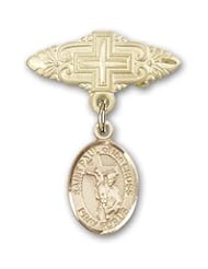 Gold Filled Baby Badge with St. Paul of the Cross Charm and Badge Pin with Cross
